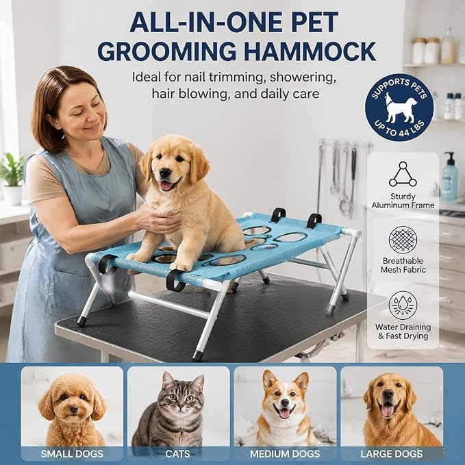 Dog Grooming Hammock, 2-in-1 Foldable Pet Bathing Bed with Stand，Blue | Pet Grooming Hammock, Dog Bath & Paw Wash Sling for Small Large Dogs, Nail Trimming, Shower Hammock, Foldable Stand