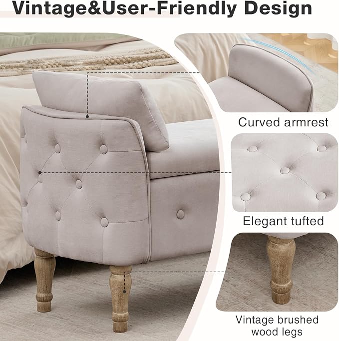 67"End of Bed Storage Bench King Size,Upholstered Bedroom Bench,Khaki | Linen Storage Bench for Bedroom End of Bed ,2 Cushion, Vintage Wood Legs ,Tufted,Storage Ottoman Bench for Entryway Window