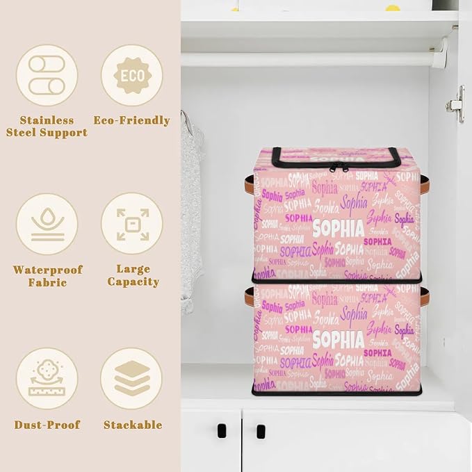 Custom Storage Baskets for Kids with Name, Pale Pink Background Large Foldable Organizer Collapsible Storage Bin with Zipper Lid Leather Handle for Home Toys Closet Nursery