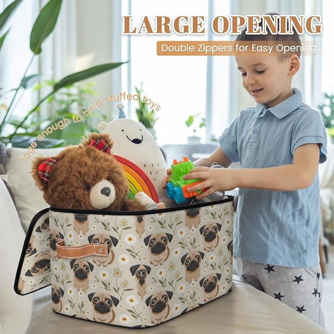 Cute Pug Dog Storage Box with Zipper Lid