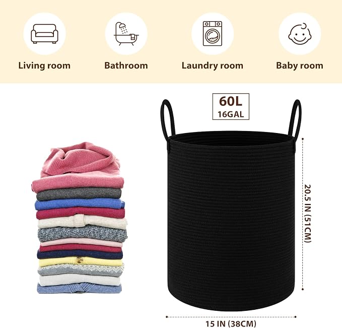 OIAHOMY 60L Nursery Hamper Laundry Basket Laundry Hamper Black | collapsible Blanket Basket Cotton Rope Woven Basket Dirty Clothes Hamper Baby Hamper Tall Clothes Hamper with Handles