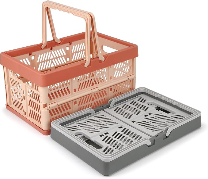 2-Pack Foldable Storage Baskets, 20L Collapsible Crates PP Grey+Pink | Comfortable carry handles, space-saving design, sturdy PP construction for home storage shopping camping and picnics