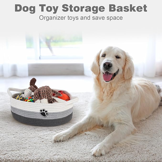 Optish Dog Toy Basket, Toy Box and Bin for Dog Cat Storage, 13.5" X 11" X 5" Small Woven Rope Basket for Baby Storage, Closet, Living Room, White & Grey