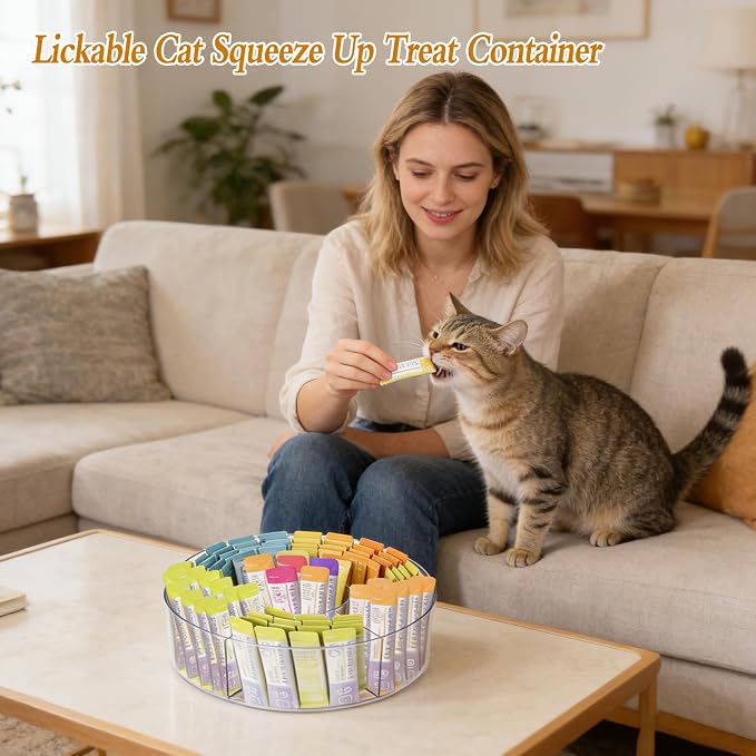 Rotating Lickable Cat Treats Organizer with 6 Compartments, Clear Lazy Susan Acrylic Squeeze Up Cat Food Storage Container Divided Pet Treats Box for Kitchen Cabinet Pantry Shelf Countertop