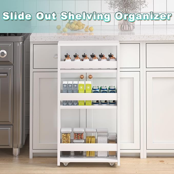 MARTY Slim Rolling Storage Cart, Wood Utility Kitchen Bathroom Laundry Cart | 4 Tier Kitchen Cart with Wheels Handle, Laundry Room Organization, Narrow Bathroom Storage Cabinet, 5.5" Wide Storage Trolley