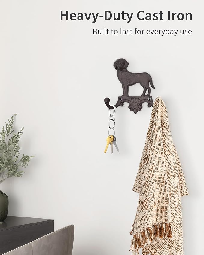 Cast Iron Dog Wall Hooks for Hanging, Heavy Duty Dog Leash Holder for Wall Mount Coat Hooks Decorative Key Hanger Vintage Farmhouse Entryway Cute Animal Decor Rustic Brown 2 Pack