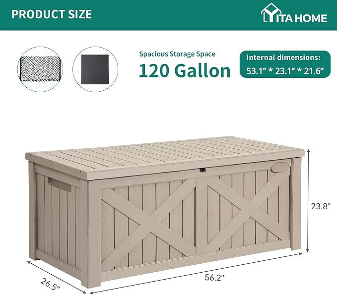 YITAHOME 150 Gallon Large Outdoor Storage Box with X-Shaped Front | Waterproof Resin Deck Box Cushion Storage Bench for Patio, Pool Supplies, Garden Tools- Lockable, Taupe