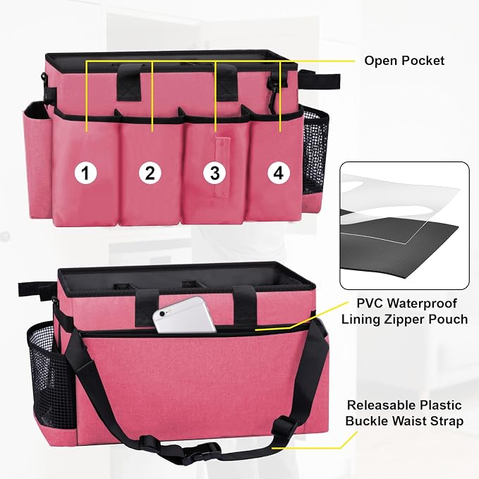 Wearable Large Cleaning Caddy Bag for Housekeepers (Rosered) | Cleaning Supplies Organizer with Adjustable Shoulder, Waist & Handle Straps, Detailing Bag for Kitchen Supplies
