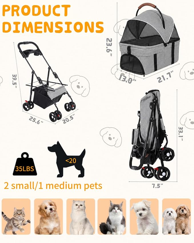 Pet Stroller, 3 in1 Foldable Dog Cat Stroller with Detachable Carrier-Gray | 35lbs Lightweight Foldable Dog Stroller, All-Terrain 4 Wheels, Compact Travel Pet Stroller for Small to Medium Pets