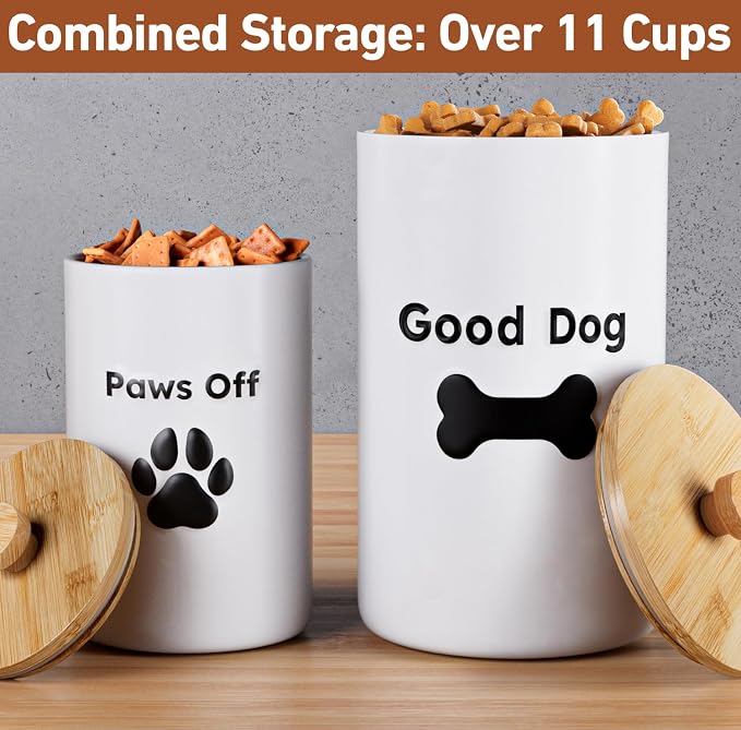 Dog Treat Container Airtight Set of 2, 9x5 & 7x4 inch Ceramic Jars. 11 Cups | Ceramic Dog Treat Jars, 2-piece set, Airtight Bamboo Lids, Rubber-Lined Lids, Raised Design, Over 11 Cups Combined Storage