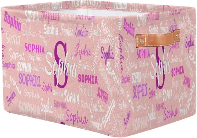 Custom Storage Baskets Named, Personalized Storage Bin Basket Boxes PU Leather Handles for Clothes Bedroom Closet Organizing Toys Books Shelves, Light Pink Solid Background
