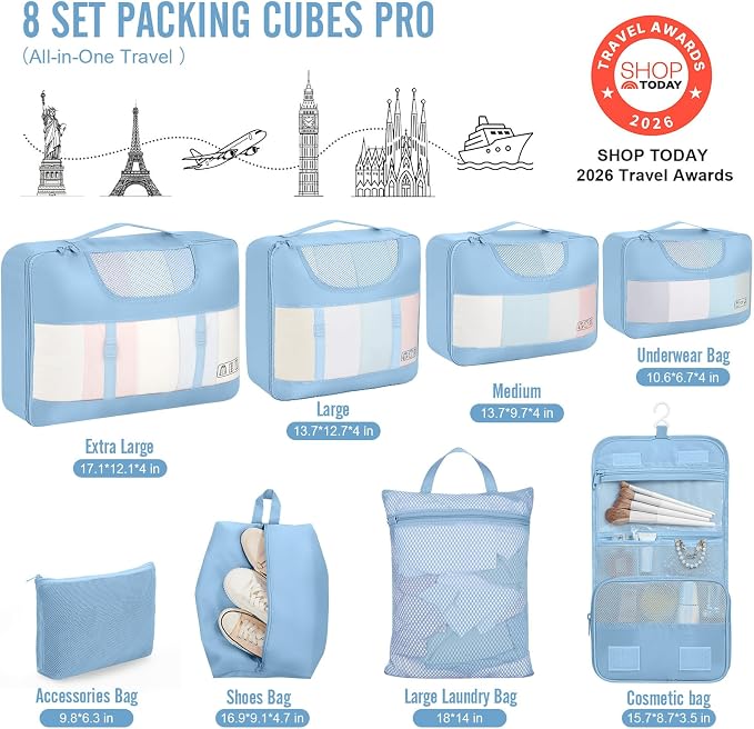 Veken 10 Set Packing Cubes for Travel Essentials, Suitcase Organizer Bags in 4 Sizes, Carry-On Luggage Accessories with Laundry Bag, Airplane Must Have with 99-Count Mesh Holes