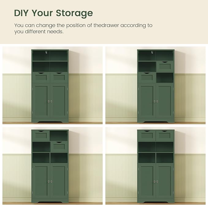 Iwell Bathroom Storage Cabinet with Adjustable Shelf, Storage Cabinet with Doors, Kitchen Pantry Storage Cabinets, Cupboard, for Living Room, Dining Room, Entryway, Green