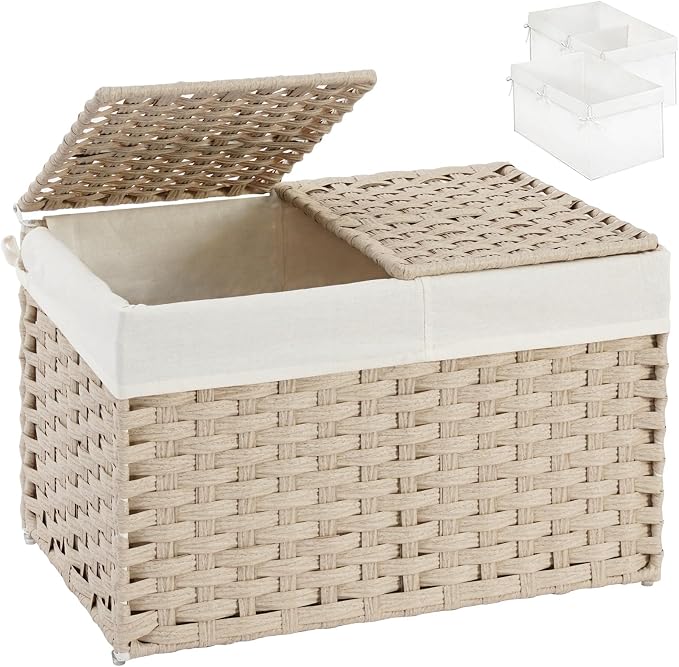 SETVSON Storage Basket with Lid, PE Rattan Storage Bin Light Khaki | Decorative PE Rattan Furniture Look for Bedroom, 2 Separate Lids, 2 Liners with Divider for Apparel & Essentials