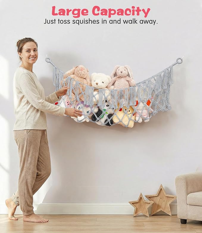 Stuffed Animal Net Hammock, Save Space Eliminate Clutter (Light Grey) | Premium Cotton Hand-knitted plush hammock, Boho Stuffed Animal Storage for Nursery, Bedroom Decor, playrooms