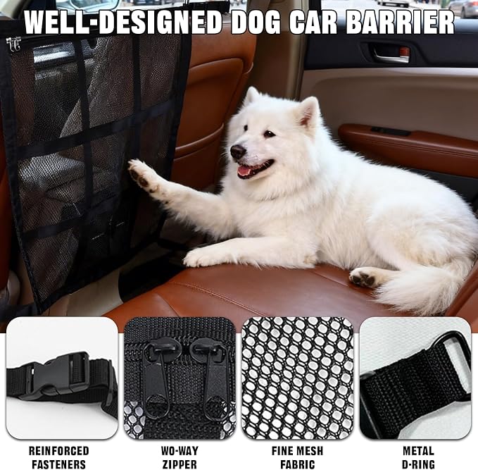 Dog Car Barrier for SUV, Truck, Sedan with A Pet Tie Out Cable | Pet Car Barrier Net With Mesh Organizer Universal Fit for Suv Truck Sedan Includes Tie-Out Cable For Safe Travel