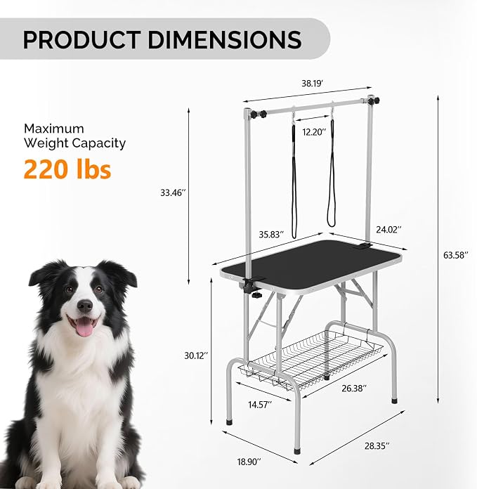 VINGLI Dog Grooming Table, Adjustable Cat Grooming Desktop with Arms and Storage Basket, Pet Grooming Stand at Home (Black, 36 inch)