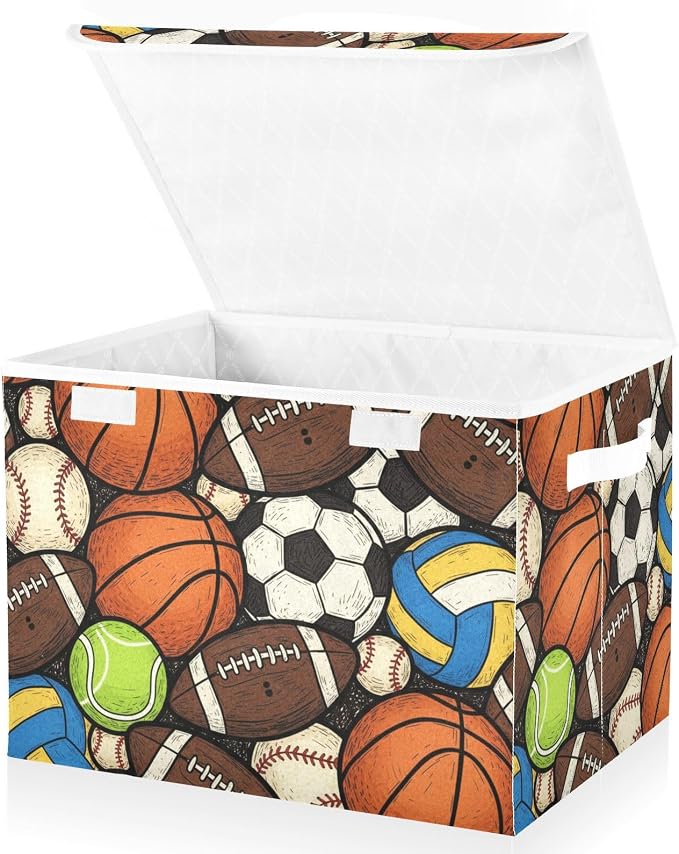 Ball Sport Soccer Storage Bins with Lids Closet Bedroom 40L Storage Basket | Decorative Storage Boxes, Foldable & Stackable, Dust-Proof Flip Top, Reinforced Handles, For Home & Dorm, Clothes & Toy Box