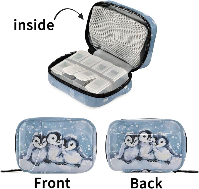 Fustylead Cute Hand Draw Winter Penguins Pill Organizers 2 Times A Day Pill Case Bag with Zipper Portable Weekly Pill Dispensers for Vitamin Supplement