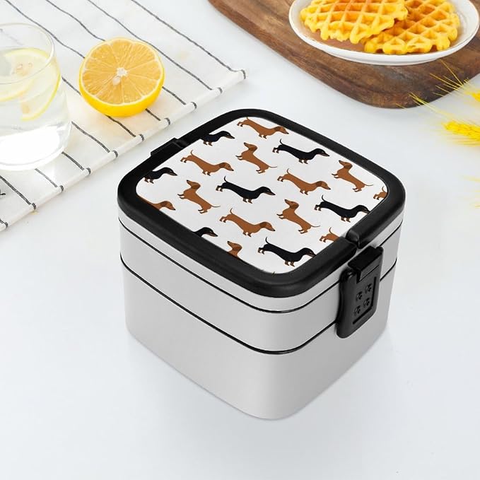 Dachshund Weiner Pet Dogs Double Layer Bento Box, 1000ml Stackable Leakproof Lunch Container with Spoon, Portable 2-Tier Food Storage Box for Office Work Picnic Camping and Travel