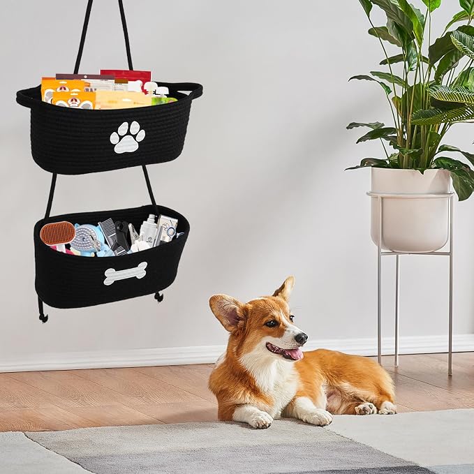 2-Tier Dog Baskets,Over Door Hanging Oganizer for Pet Stuff with Metal Hooks,Cotton Rope Wall-Mounted Storage Organizer for Dog Leash/Harness/Small Toys/Trash bag - Black