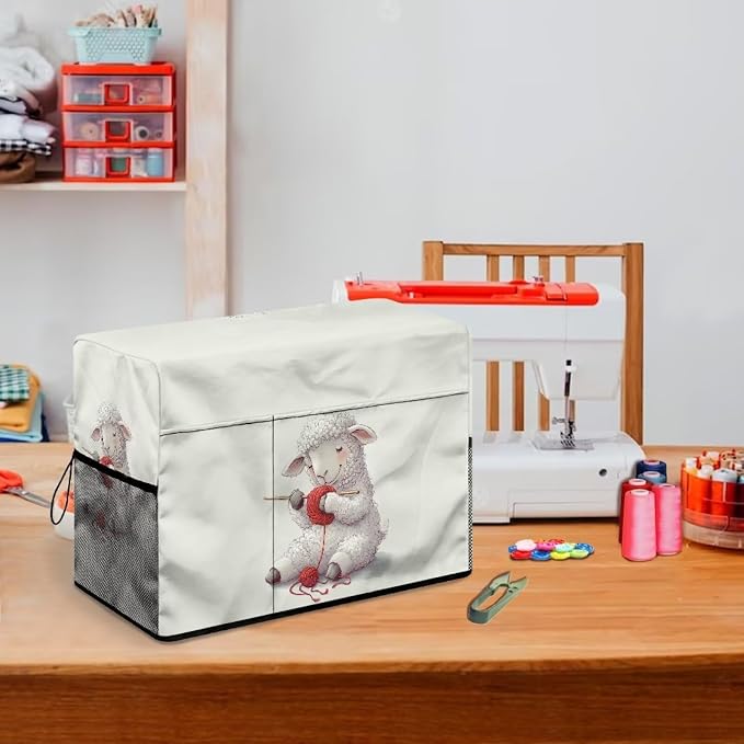 Cute Knitting - Sheep Sewing Machine Cover,Protective Cover with Side Handle and Sewing Essentials Pockets,Dust & Pet Hair Protection,Fits Standard Singer & Brother Machine(Off-White)
