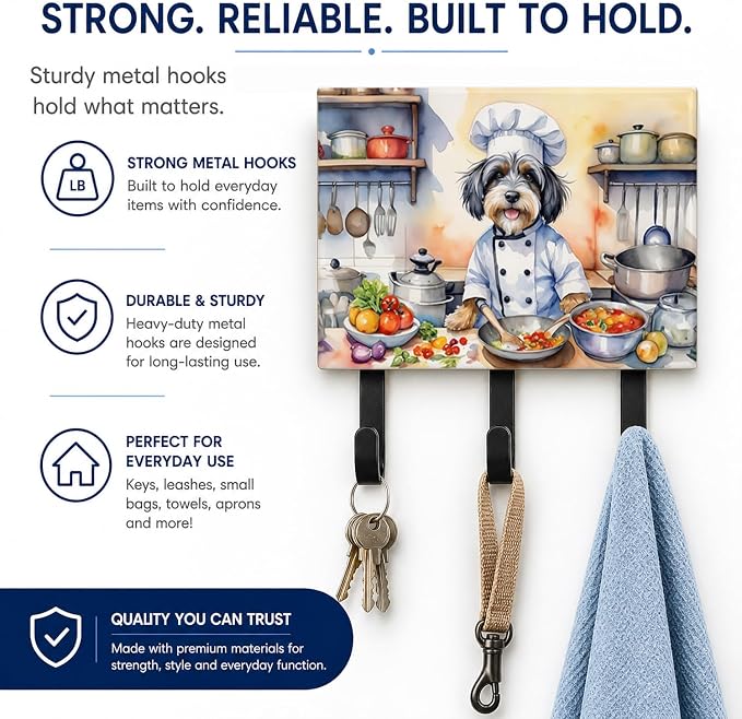 Caroline's Treasures Tibetan Terrier The Chef Leash or Key Holder Wall Hooks, Key Hooks Holder, Coat Rack Wall Mount, Coat Hooks, Hooks for Hanging Keys, Towels, Aprons, Leashes | Tibetan Terrier The Chef artwork on ceramic tile with three steel hooks ...