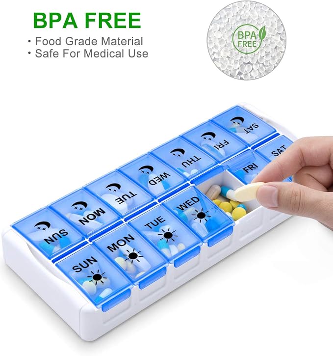 Weekly Pill Organizer 7 Day 2 Times a Day Extra Large, Quick Fill 2020 Fullicon AM PM XL Daily Pill Cases Pill Box with Detachable Base - White/Blue (Patent Registered) (Pack of 2)