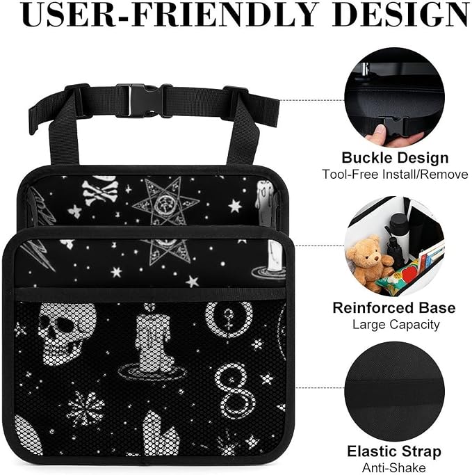 Car Seat Back Organizer Hanging Storage Pouch with Pockets, Gothic Trippy | Moon Skull Dark Black Cat Witch Magic Spirit Board, PU Leather Vehicle Backseat Accessories Space Saving, Universal Fit