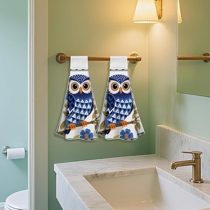 CUTHOLLOW Blue Owl and Flower Hanging Kitchen Towels with Loop, Set of 2 - Soft & Super Absorbent Microfiber Decorative Hanging Dish & Hand Towel, Tea, Coffee Towel for Kitchen Bathroom Oven Handle