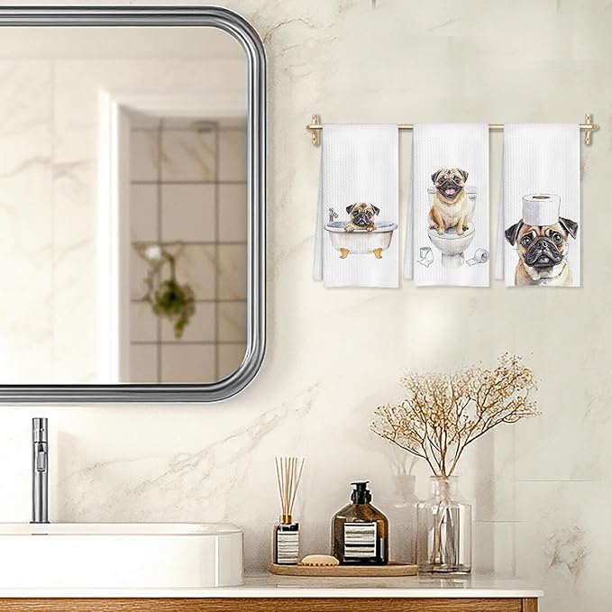 Pug Decor Kitchen Towels, Set of 3, 16x24 Inch, Cotton, Rustic, Absorbent & Quick-Drying, Multi-Purpose, Gift Idea