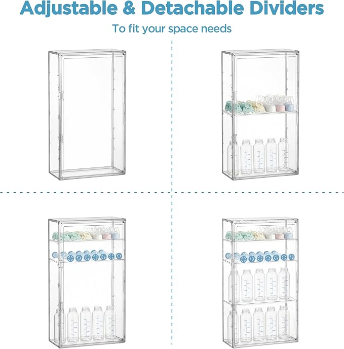 HBlife Baby Bottle Storage Organizer for Wall Countertop Cabinet, 4 Tiers Adjustable Clear Acrylic Bottles Storage Station Case Box Container with 3 Removable Dividers and Magnetic Door, Large