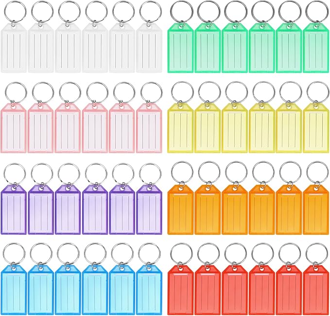 Cuttte 48 Pack Plastic Key Tags with Ring and Label Window 8 Colors | Key Chain Labels for Organizing Flash Drives, Suitcases, Backpacks, Luggage, Lunchboxes