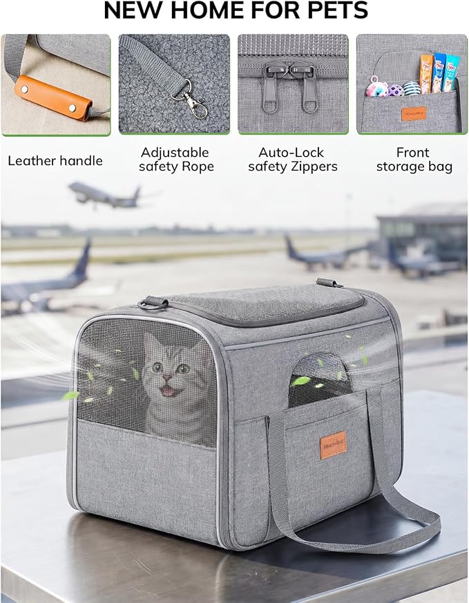 Morpilot Airline Approved Cat Carrier for Pets up to 15lbs,16.5" x11" x11" | Soft-Sided Pet Travel Carrier with 4-Sided Mesh Ventilation for Cats & Puppies (Light Gray)