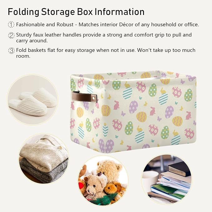 Easter Eggs Cute Storage Basket with Waterproof Liner and PU Handles Happy Easter Day Bunny Rabbit Butterfly Storage Bins Boxes 14.2" Collapsible Decorative Organizer Baskets for Bedroom Closet 2 Pack