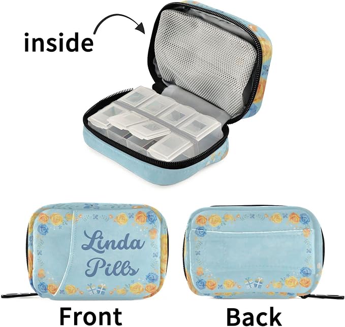 Custom Pill Box 7 Day Pill Case Bag Blue Yellow Flower Personalized Name Travel Pill Organizer Bag with Zipper Portable Weekly Case Compact Size for Vitamin Supplement Holder