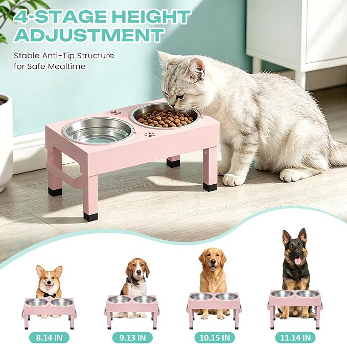 Elevated Dog Bowls Stand Large Breed, Height Adjustable Raised Dog Bowls Holder with 2 Stainless Steel Food Bowls for Small, Medium and Large Canine，Pink