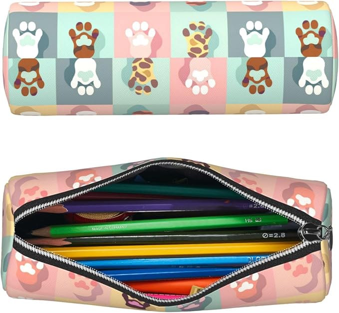 OSAM SPACE Leather Pencil Case Round Pencil Bag Cute Pet Paw Pen Organizer Holder Portable Zipper Pouch Cute School Supplies for Girls Boys Study Office