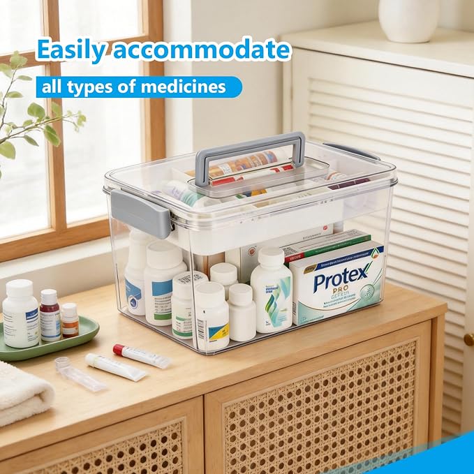 Plastic Medicine Storage Organizer & First Aid Box, Medicine Box with Handles, Multipurpose Medical Supply Organizer with Removable Tray for Home, Office & Travel (X)