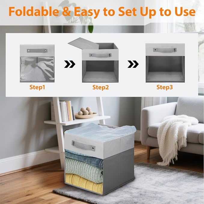 3-Pack Foldable Storage Cubes with Clear Window,Heavy Duty Fabric Storage Bins for Closet,Nursery,Office,Dorm & Home Organization,Space-Saving Box Organizer Basket for Books,Clothes,Toy (Gray & White)