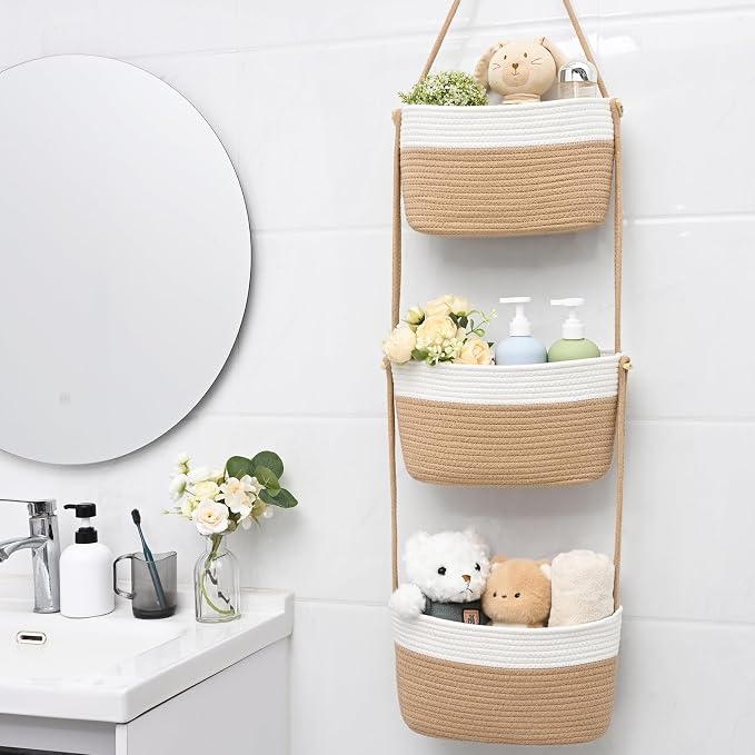 Hanging Basket, 3-Tier Woven Wall Basket with 4 Hooks, Cotton Rope Storage Baskets, Over the Door Organizer for Nursery, Bedroom, Cottage and Boho Wall Decor