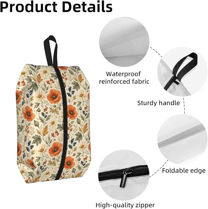Autumn Wildflower & Berry Travel Shoe Bag for Men & Women, Waterproof Shoe Storage Organizer with Zipper, Portable Shoe Pouch for Sneakers, Heels, Sandals, Gym & Travel Luggage 2PCS