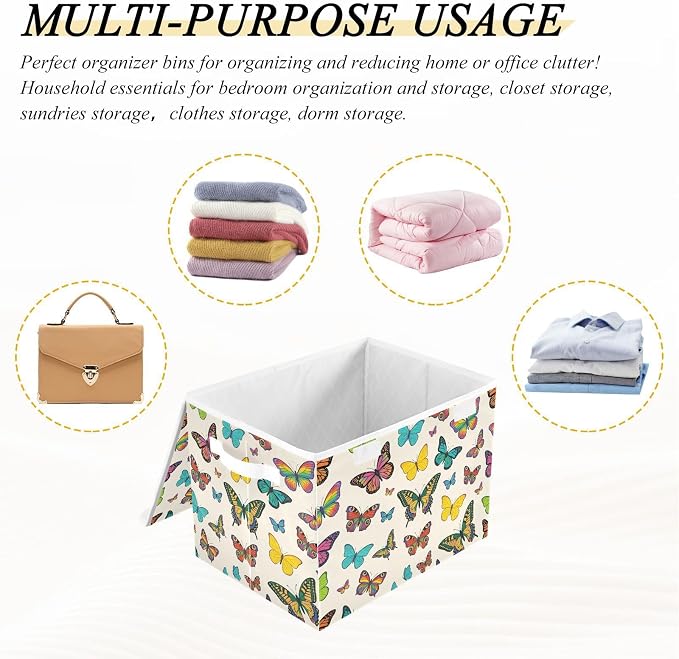 Storage Bins with Lid Colorful Butterfly Foldable Storage Boxes 40L Baskets | Decorative Storage Boxes, 300D Oxford Cloth, Hollow Board Frame, Flip Top Velcro Lid, 16.5x12.6x11.8 inch, Collapsible Design