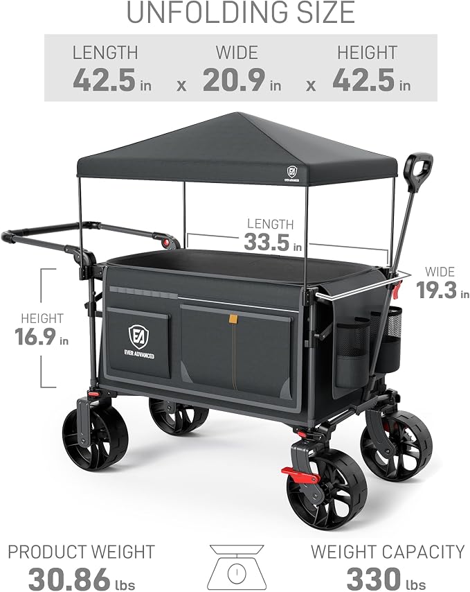 EVER ADVANCED Folding Push Wagon with Canopy, Shopping Cart with Brakes | Portable Collapsible Wagon Cart with All-Terrain Big Wheels for Camping, Beach, Sports