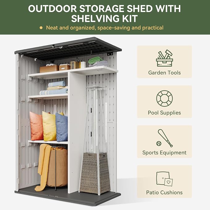 Aoxun 64 Cu.Ft Resin Storage Shed with Metal Shelving Kit & Floor, White | Vertical Waterproof Storage Cabinet for Garage, Pool, Bike, Garden Tools, Patio Furniture