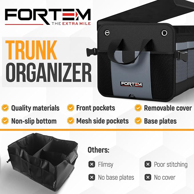 FORTEM Trunk Organizer - Collapsible Car Organizer & Storage Bag for SUVs | Car Accessories for Men & Women, Cooler Bag, Non Slip Bottom, Straps, Soft Cover, 1680D Oxford, 6 Compartments, Grey, 110L
