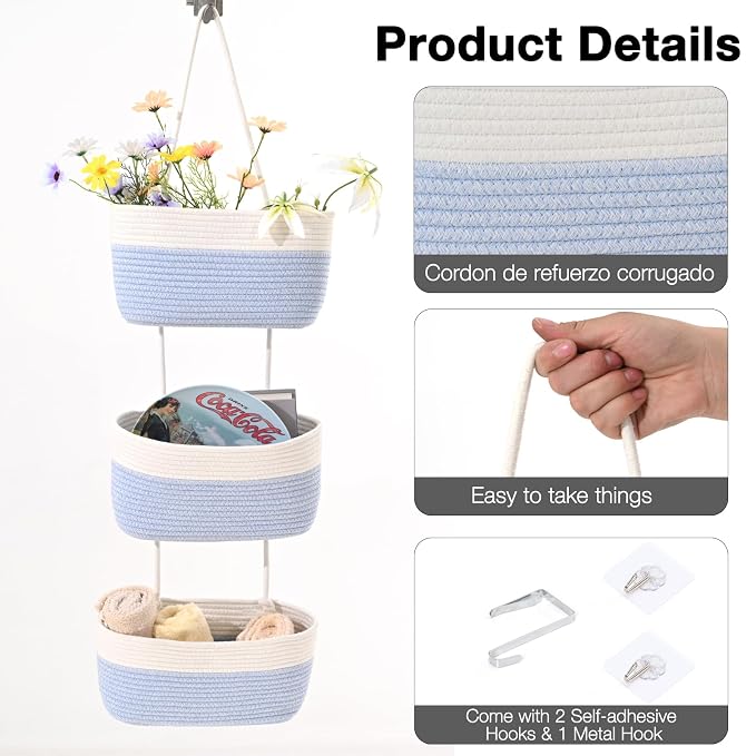 ICERZCZ Hanging Baskets for Organizing, Over the Door Decorative Storage Organizer, Nursery Decor Organization, 3-Tier Wall Basket for Entryway Playroom Bathroom Closet, Light Blue & Off White