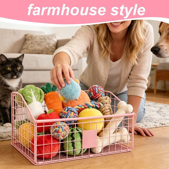 Penitue Indestructible Dog Toy Basket, 42.5x28x21.5cm/16.7x11x8.5in Metal Dog Toy Storage Bin Organizer for Living Room Area (Pink)