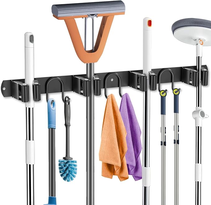 Broom Holder Wall Mount, Stainless Steel Mop Hanger with 4 Slots 6 Hooks, Tool Storage Wall Organizer for Kitchen Garden Garage Laundry Room Bathroom and RV, Black 1-Pack