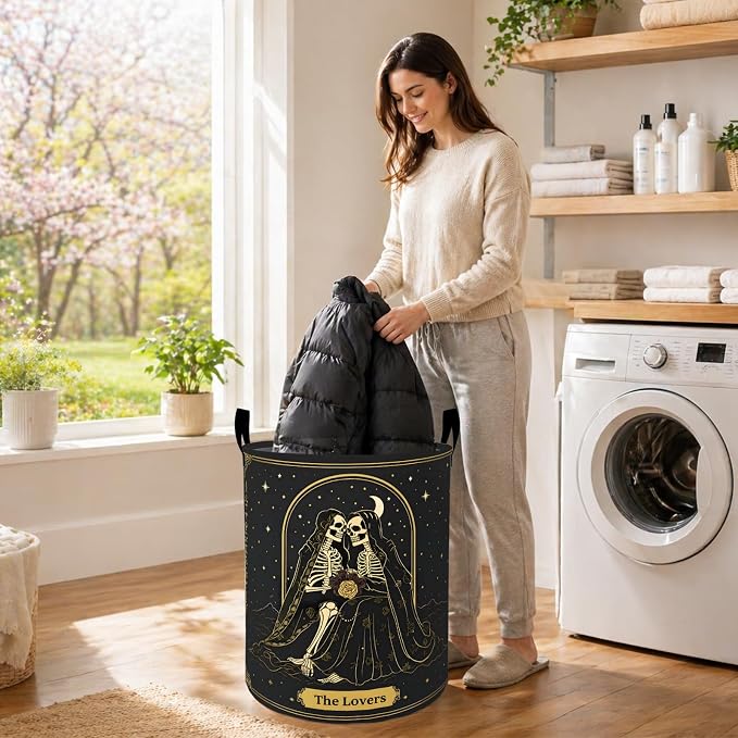 Gothic Skull Laundry Basket, Skeleton Couple Oxford Cloth Dirty Clothes Collapsible Hamper for Room Decor, Goth Halloween Gifts, Toy Organizer 19.7 x 15.7 Inches for Bedroom Bathroom Dorm